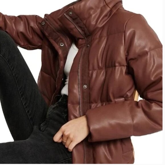 Abercrombie & Fitch - Mini Puffer Coat Jacket Vegan Leather Brown- MED🤎 - Picture 2 of 9